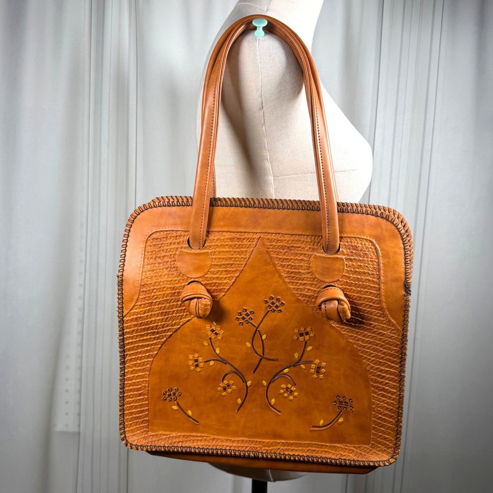 Vintage-Style Tooled Faux Leather Floral Boho Tote Bag
